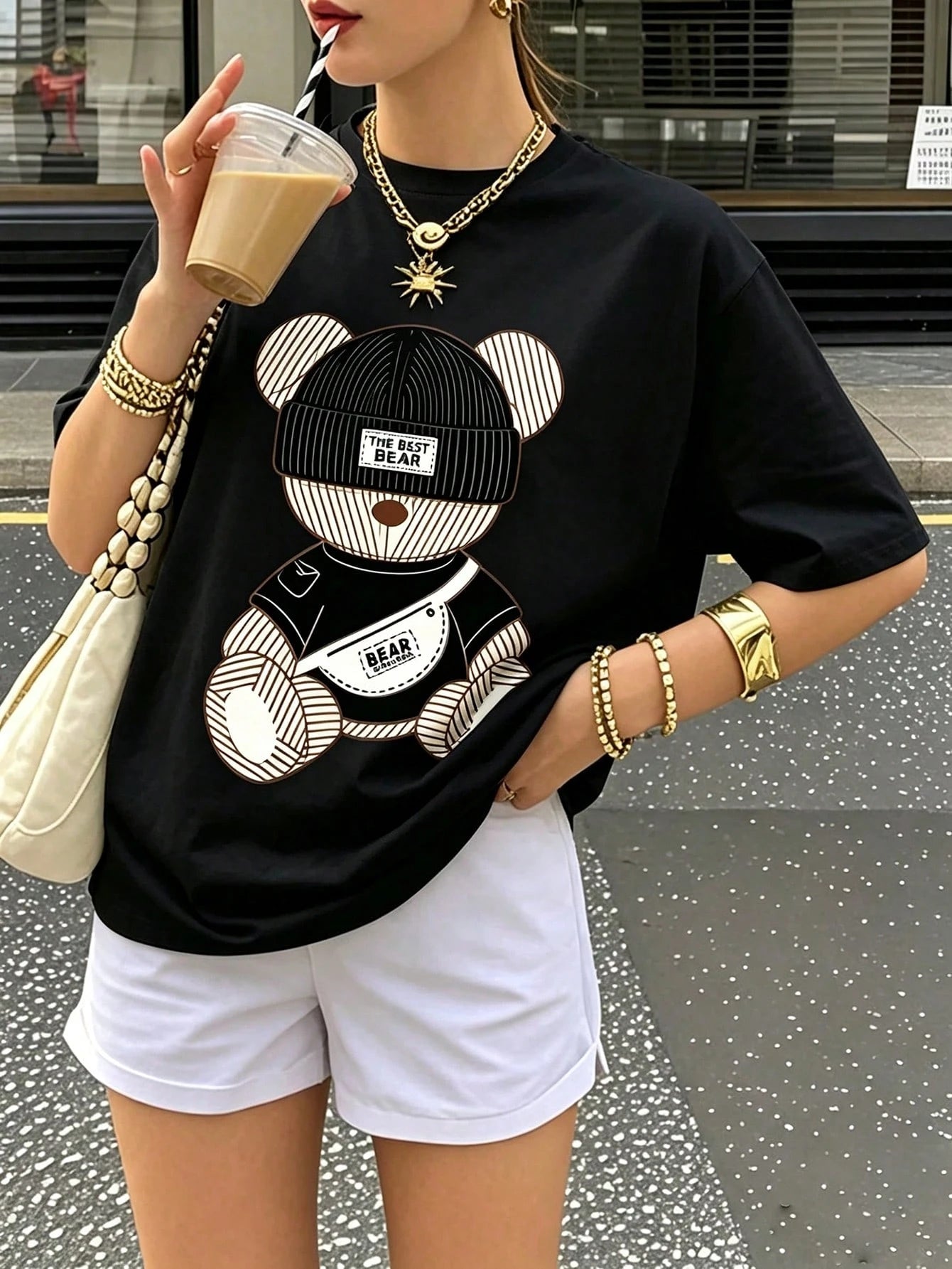 Cute Bear Graphic Tee, Kawaii Cartoon Print T-Shirt, Casual Streetwear Aesthetic Short Sleeve, Y2K Everyday Top Pink Summer