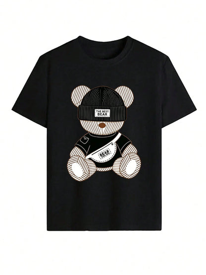Cute Bear Graphic Tee, Kawaii Cartoon Print T-Shirt, Casual Streetwear Aesthetic Short Sleeve, Y2K Everyday Top Pink Summer