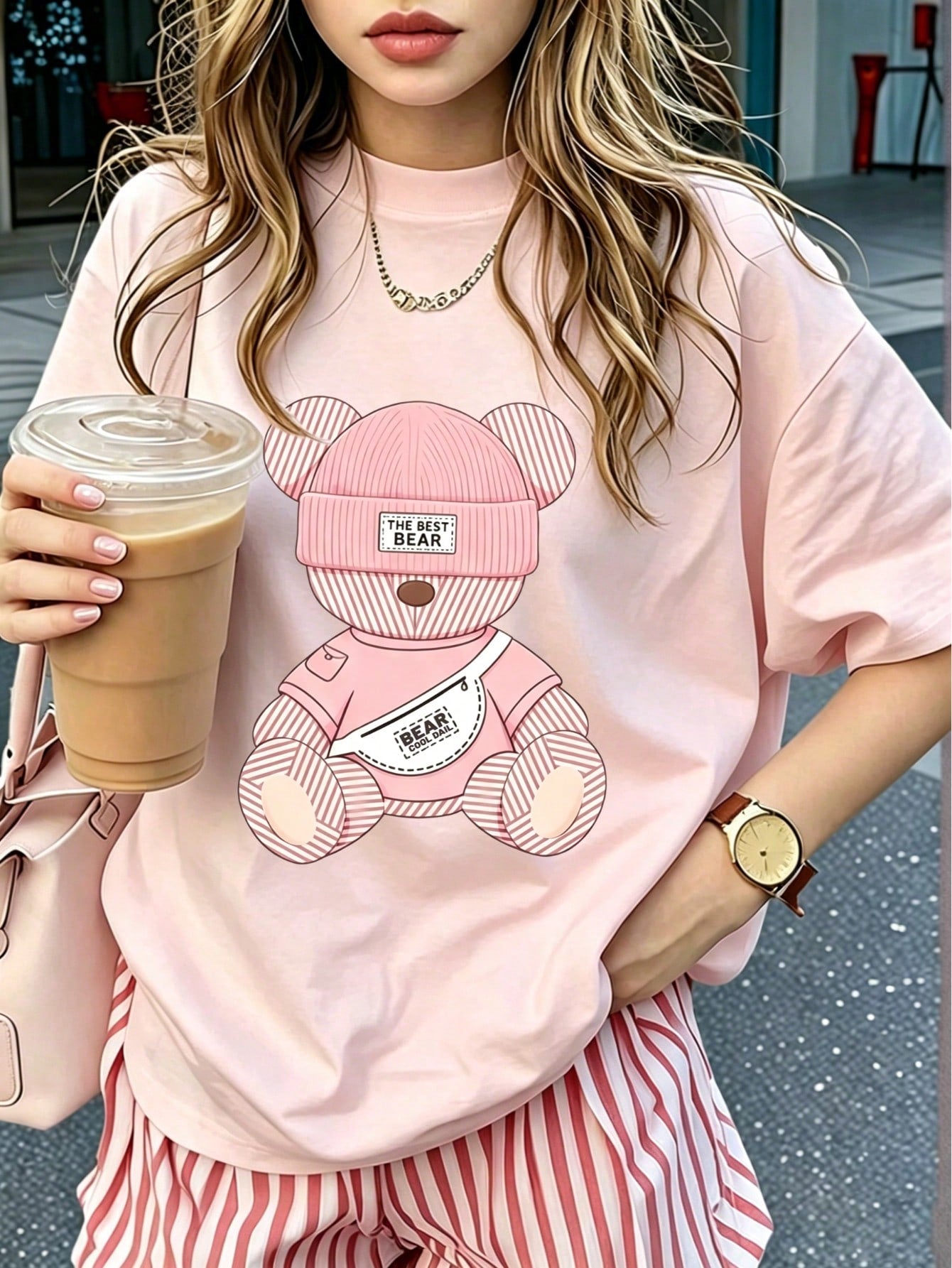 Cute Bear Graphic Tee, Kawaii Cartoon Print T-Shirt, Casual Streetwear Aesthetic Short Sleeve, Y2K Everyday Top Pink Summer