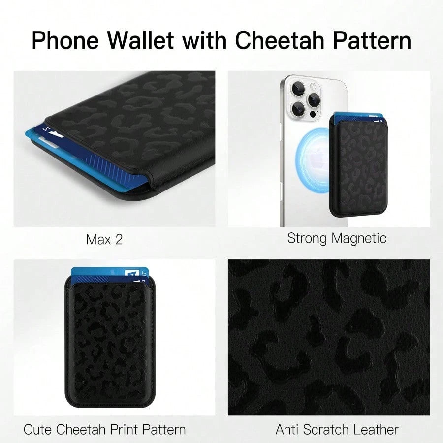 Cute Cheetah Print Pattern For Women Girls, Stronger Magnetic Card Holder Phone Wallet For IPhone 17/16/15/14/13/12 Series, Fit 2 Cards, Black