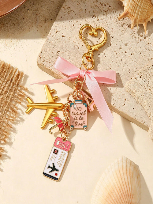 Cute Cherry Ocean Series Keychain, Gold Alloy Heart-Shaped Lobster Clasp Bag Charm, Sweet Vacation Travel Theme Key Ring Accessory, Bag Chain Accessory, Bag Charm Accessory, Bag Pendant, Bag Charm Pen
