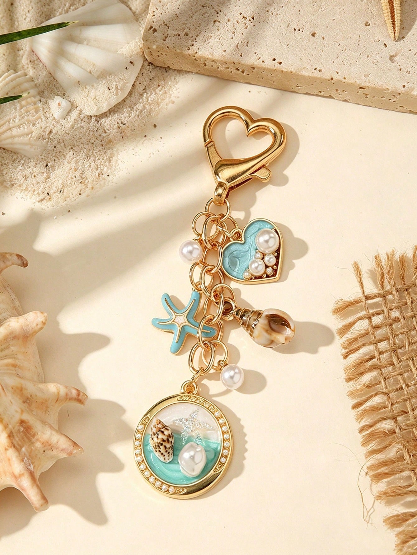 Cute Cherry Ocean Series Keychain, Gold Alloy Heart-Shaped Lobster Clasp Bag Charm, Sweet Vacation Travel Theme Key Ring Accessory, Bag Chain Accessory, Bag Charm Accessory, Bag Pendant, Bag Charm Pen