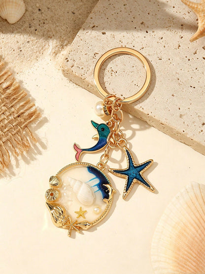 Cute Cherry Ocean Series Keychain, Gold Alloy Heart-Shaped Lobster Clasp Bag Charm, Sweet Vacation Travel Theme Key Ring Accessory, Bag Chain Accessory, Bag Charm Accessory, Bag Pendant, Bag Charm Pen