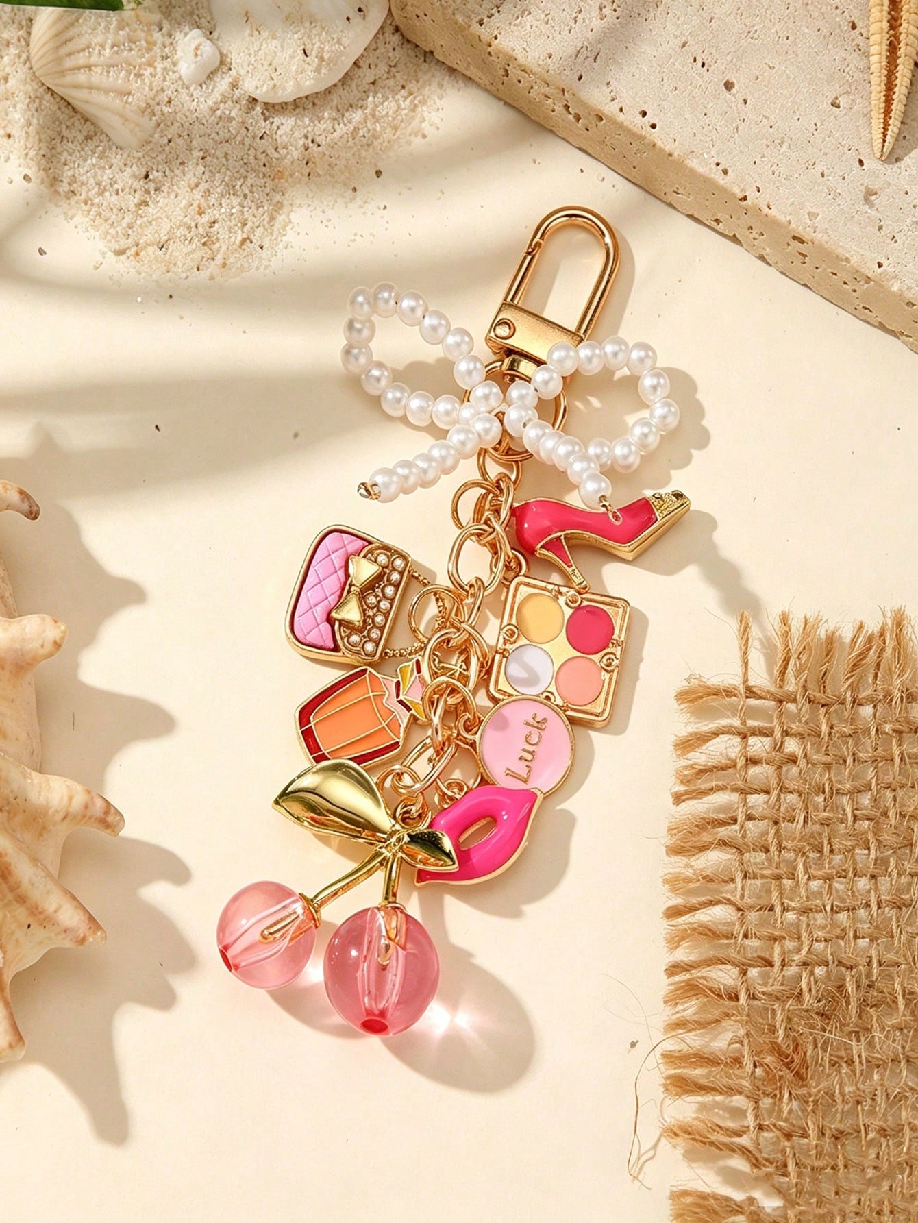 Cute Cherry Ocean Series Keychain, Gold Alloy Heart-Shaped Lobster Clasp Bag Charm, Sweet Vacation Travel Theme Key Ring Accessory, Bag Chain Accessory, Bag Charm Accessory, Bag Pendant, Bag Charm Pen