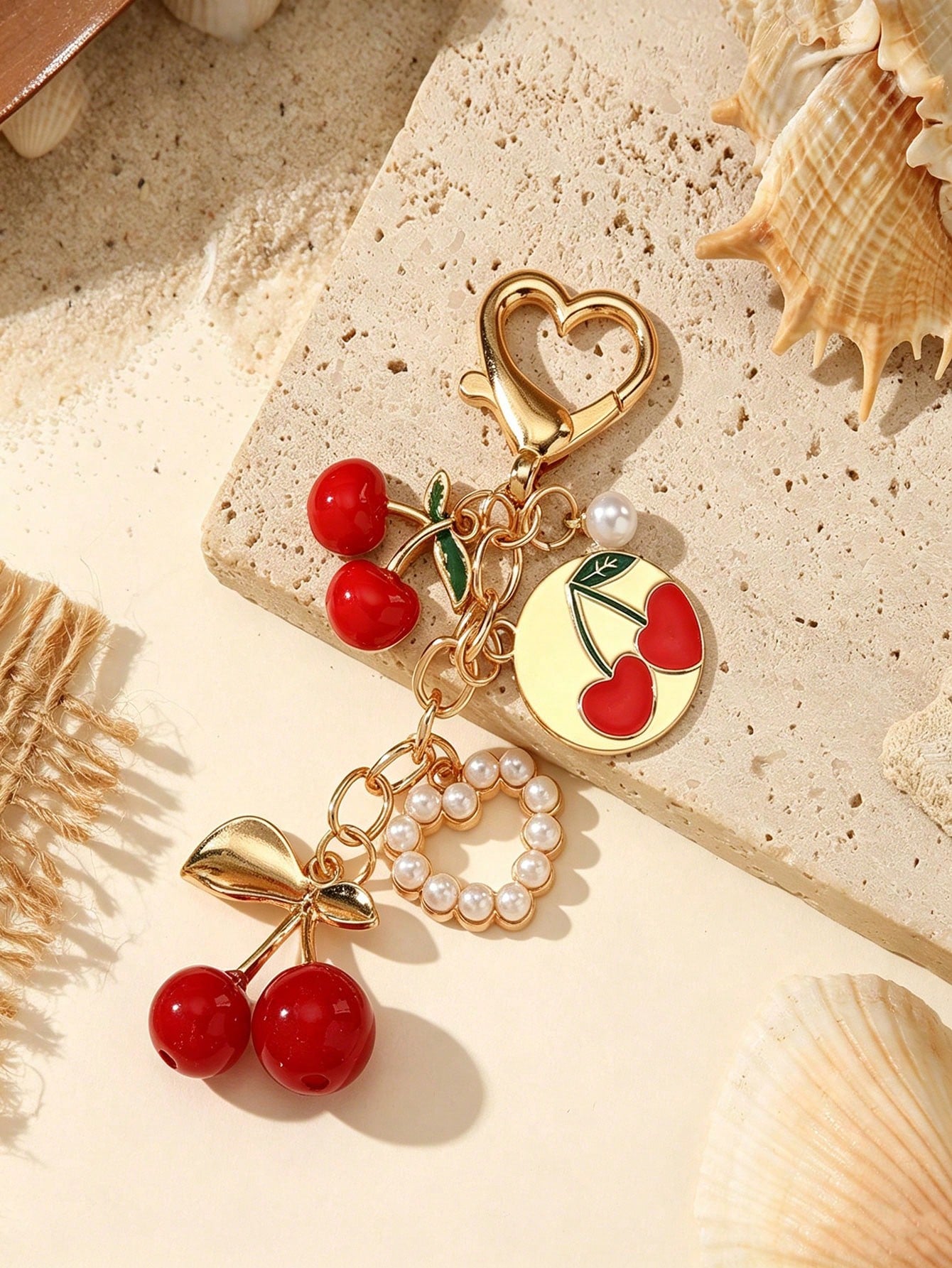 Cute Cherry Ocean Series Keychain, Gold Alloy Heart-Shaped Lobster Clasp Bag Charm, Sweet Vacation Travel Theme Key Ring Accessory, Bag Chain Accessory, Bag Charm Accessory, Bag Pendant, Bag Charm Pen