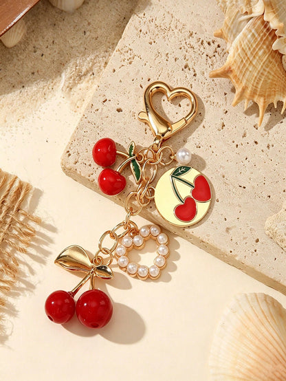 Cute Cherry Ocean Series Keychain, Gold Alloy Heart-Shaped Lobster Clasp Bag Charm, Sweet Vacation Travel Theme Key Ring Accessory, Bag Chain Accessory, Bag Charm Accessory, Bag Pendant, Bag Charm Pen