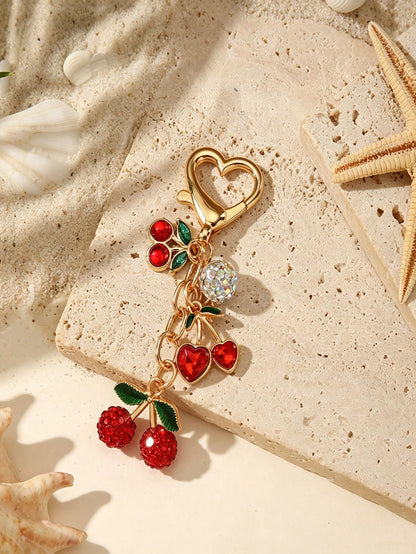 Cute Cherry Ocean Series Keychain, Gold Alloy Heart-Shaped Lobster Clasp Bag Charm, Sweet Vacation Travel Theme Key Ring Accessory, Bag Chain Accessory, Bag Charm Accessory, Bag Pendant, Bag Charm Pen