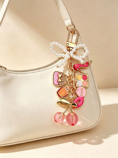 Cute Cherry Ocean Series Keychain, Gold Alloy Heart-Shaped Lobster Clasp Bag Charm, Sweet Vacation Travel Theme Key Ring Accessory, Bag Chain Accessory, Bag Charm Accessory, Bag Pendant, Bag Charm Pen