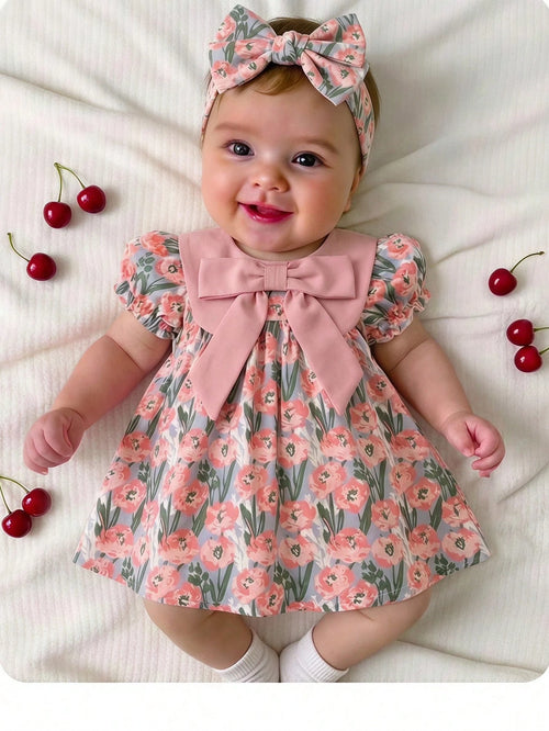 Cute Dusty Pink Baby Girl Floral Dress,Summer Short-Sleeved Newborn Outfit With Bow Headband,Vintage Flower Print Dress For Baby Shower