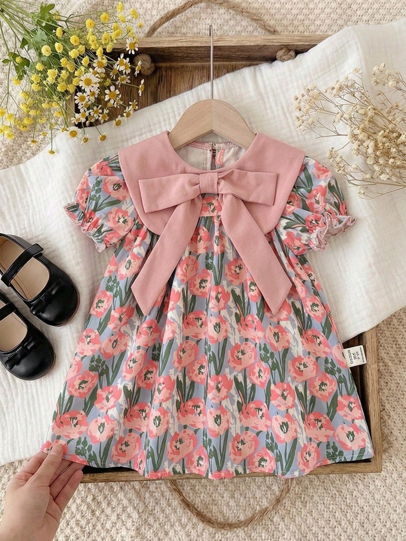 Cute Dusty Pink Baby Girl Floral Dress,Summer Short-Sleeved Newborn Outfit With Bow Headband,Vintage Flower Print Dress For Baby Shower