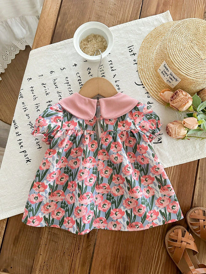 Cute Dusty Pink Baby Girl Floral Dress,Summer Short-Sleeved Newborn Outfit With Bow Headband,Vintage Flower Print Dress For Baby Shower