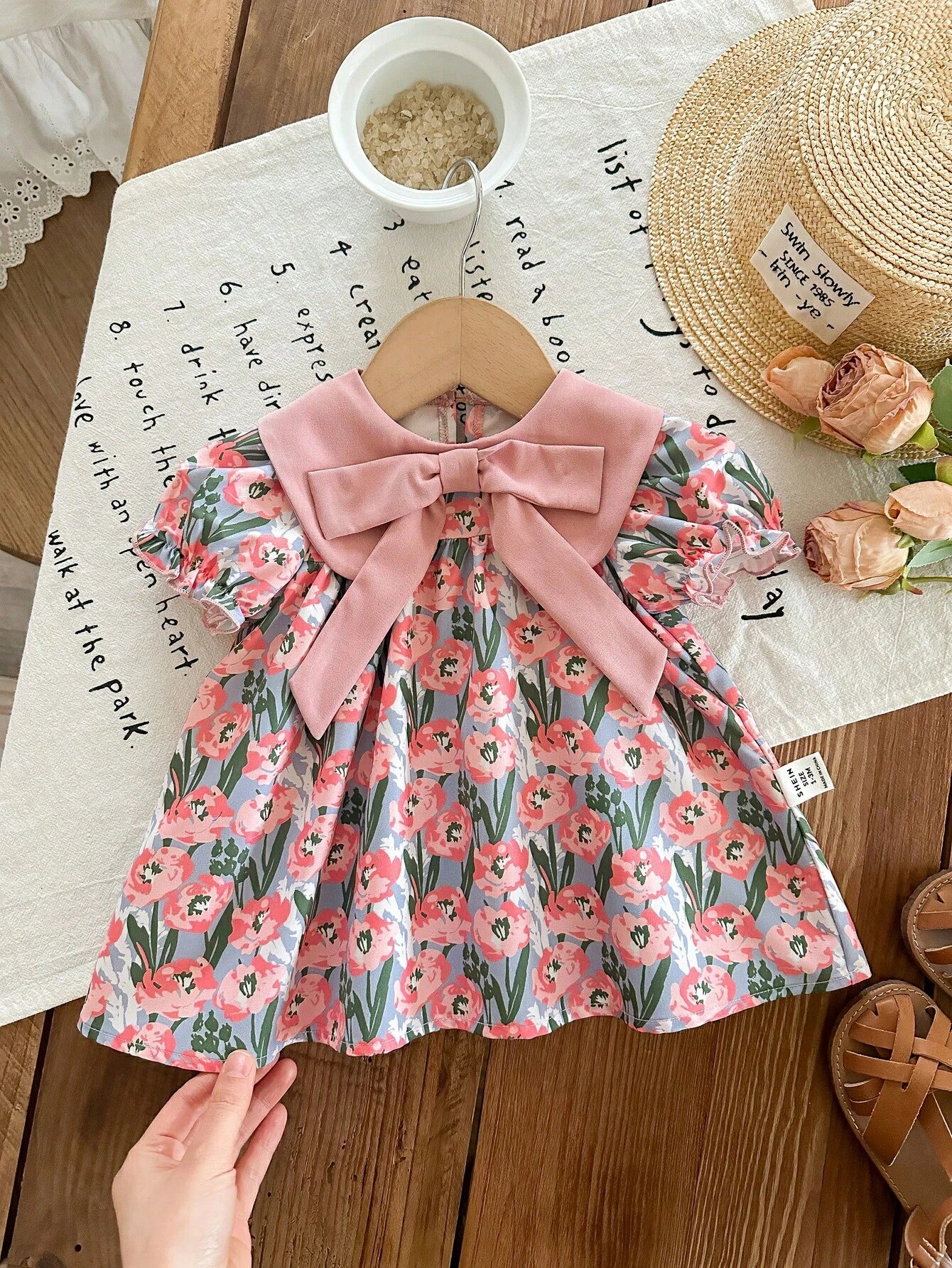 Cute Dusty Pink Baby Girl Floral Dress,Summer Short-Sleeved Newborn Outfit With Bow Headband,Vintage Flower Print Dress For Baby Shower