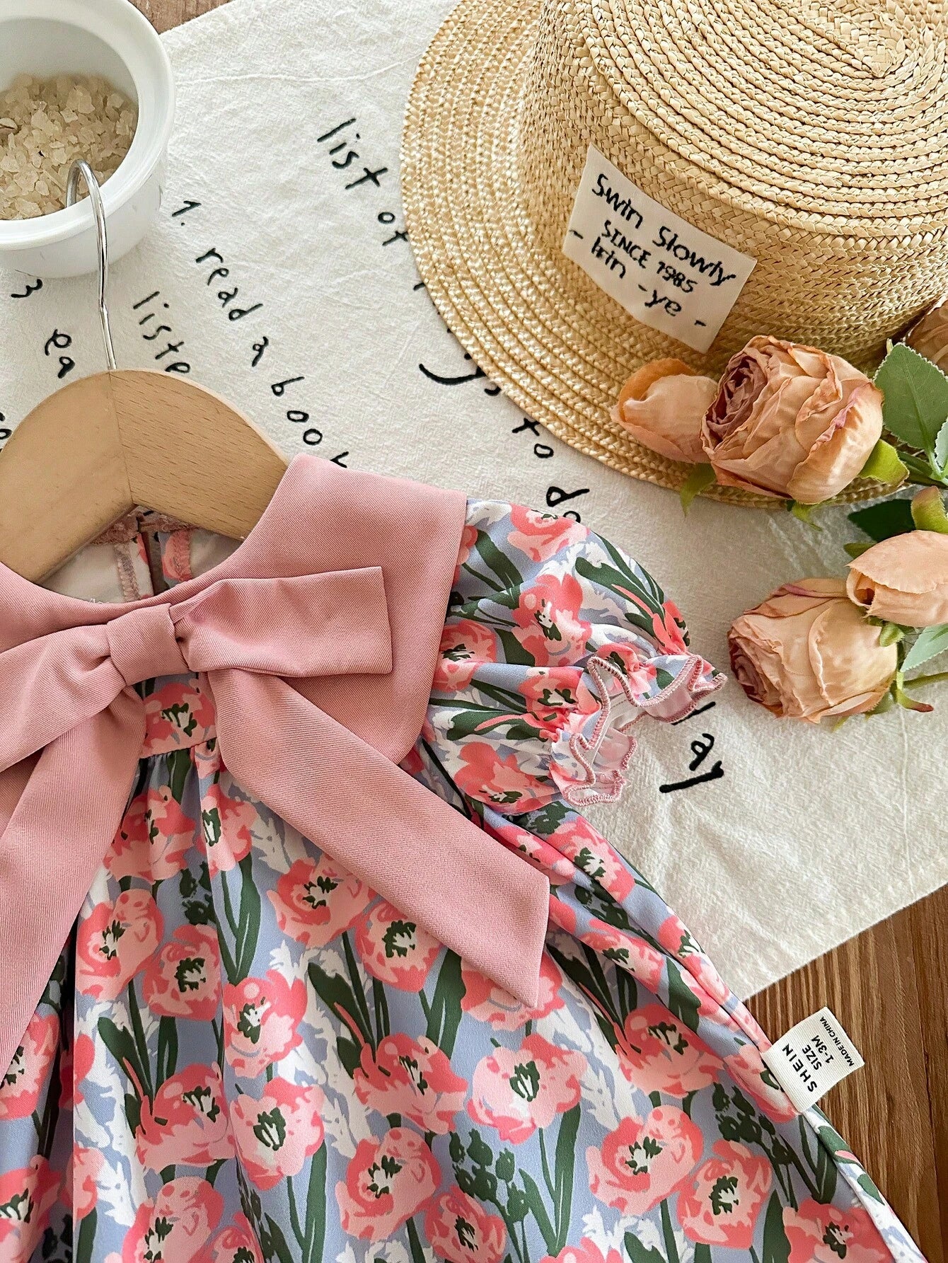 Cute Dusty Pink Baby Girl Floral Dress,Summer Short-Sleeved Newborn Outfit With Bow Headband,Vintage Flower Print Dress For Baby Shower