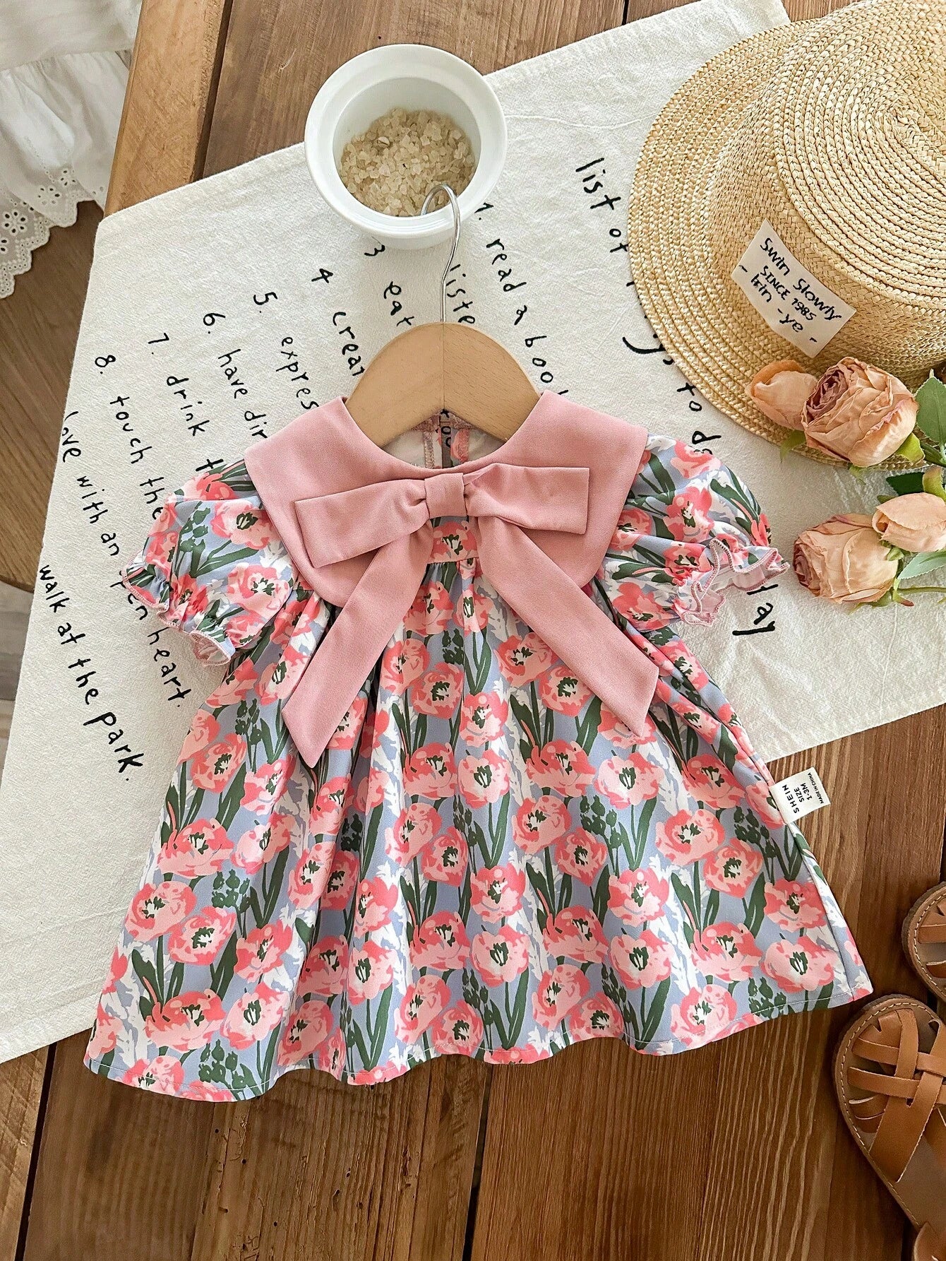 Cute Dusty Pink Baby Girl Floral Dress,Summer Short-Sleeved Newborn Outfit With Bow Headband,Vintage Flower Print Dress For Baby Shower