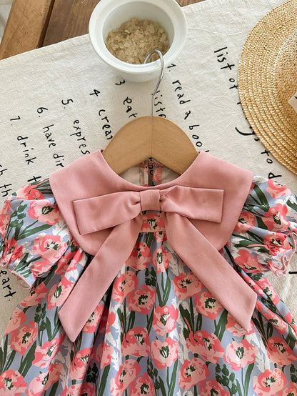 Cute Dusty Pink Baby Girl Floral Dress,Summer Short-Sleeved Newborn Outfit With Bow Headband,Vintage Flower Print Dress For Baby Shower