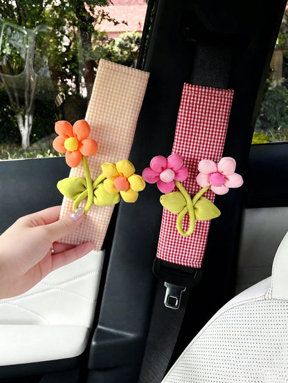 Cute Floral Car Seat Belt Shoulder Pad, Fashionable Car Interior Decoration, Anti-Friction Clothing Protection, Anti-Choke Neck Guard