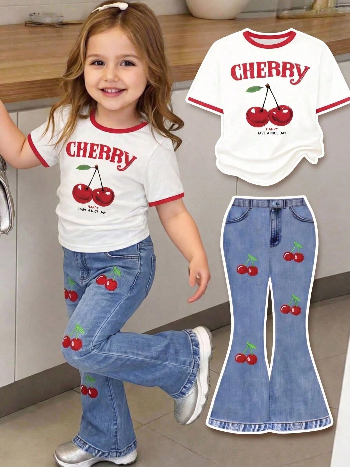 Cute Girls' Retro Floral Print 2pcs Set, Cherry Short-Sleeved Round Neck T-Shirt Pants, Summer Vacation Fashionable Baby Girl Casual Cute Outfit Work