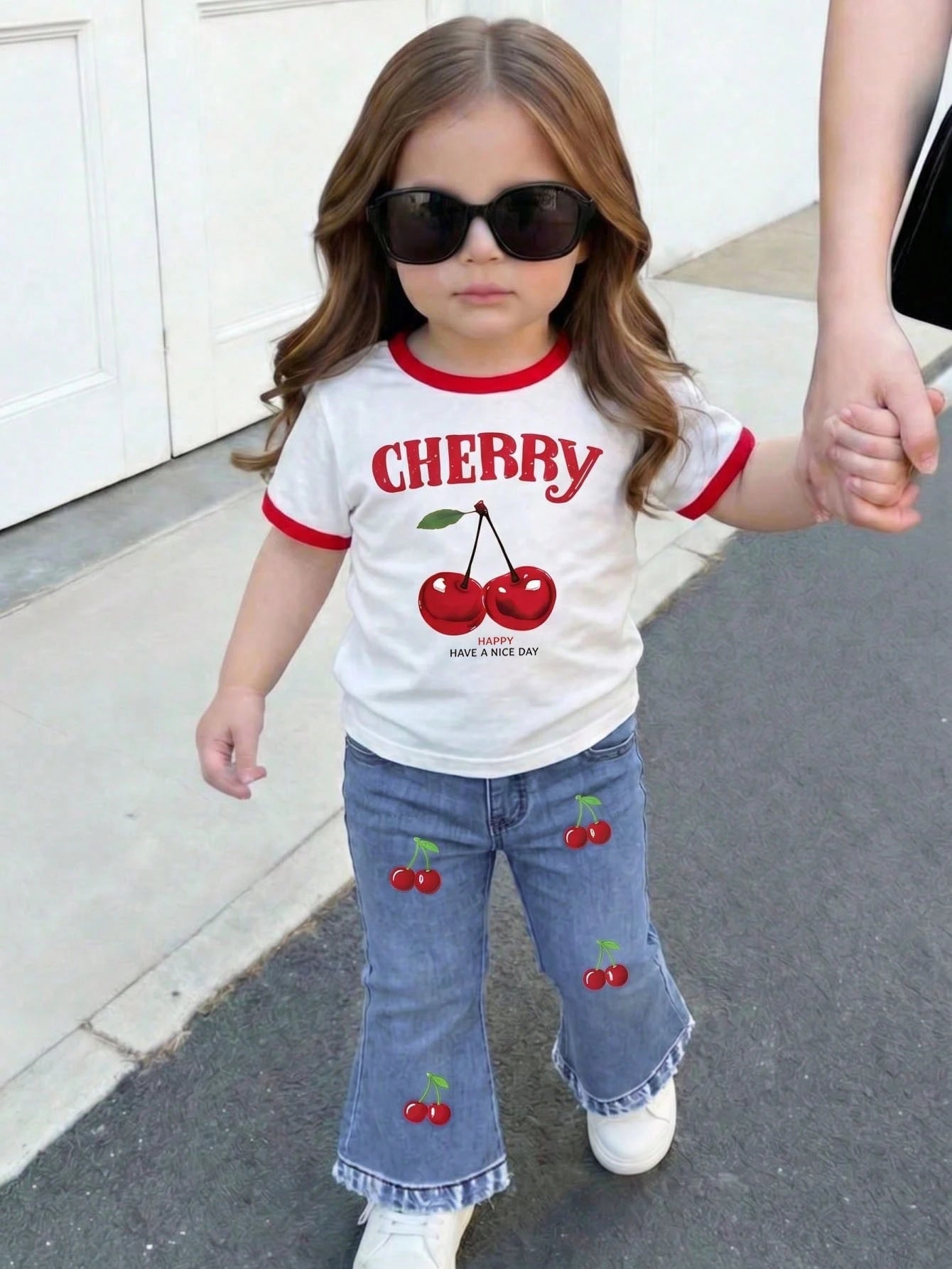Cute Girls' Retro Floral Print 2pcs Set, Cherry Short-Sleeved Round Neck T-Shirt Pants, Summer Vacation Fashionable Baby Girl Casual Cute Outfit Work