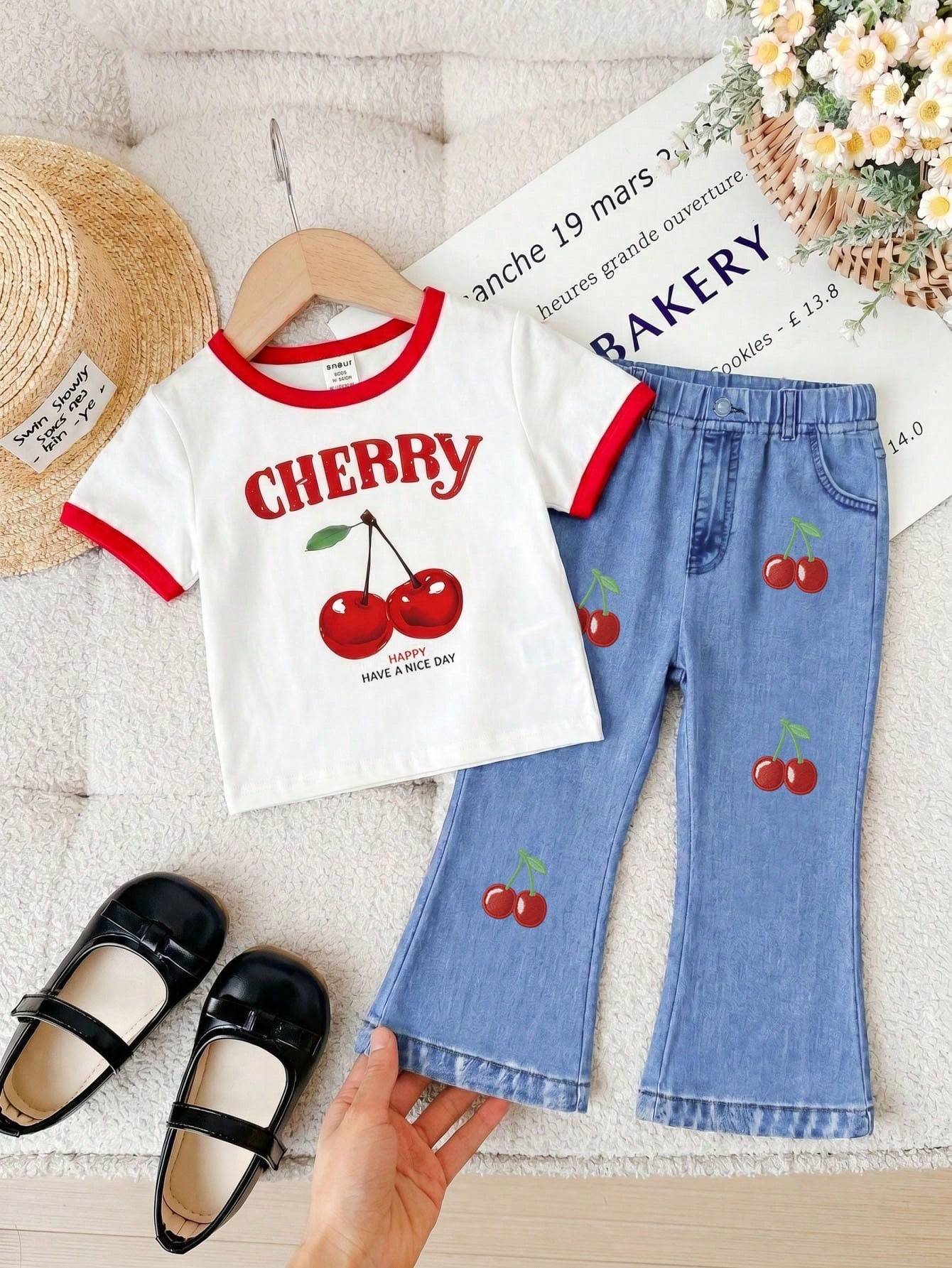 Cute Girls' Retro Floral Print 2pcs Set, Cherry Short-Sleeved Round Neck T-Shirt Pants, Summer Vacation Fashionable Baby Girl Casual Cute Outfit Work