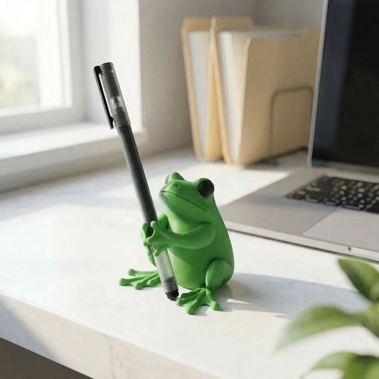 Cute Green Frog Shaped Pen Holder- 3D Designed Adorable Frog Office Decor, Interesting Stationery Storage For Gamers, Writers And Frog Lovers