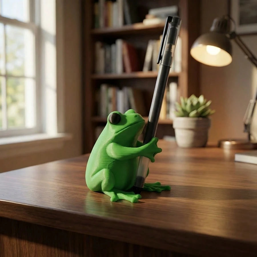 Cute Green Frog Shaped Pen Holder- 3D Designed Adorable Frog Office Decor, Interesting Stationery Storage For Gamers, Writers And Frog Lovers