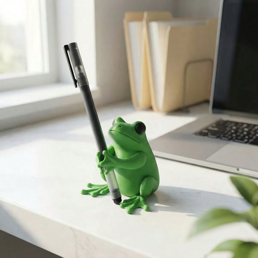 Cute Green Frog Shaped Pen Holder- 3D Designed Adorable Frog Office Decor, Interesting Stationery Storage For Gamers, Writers And Frog Lovers