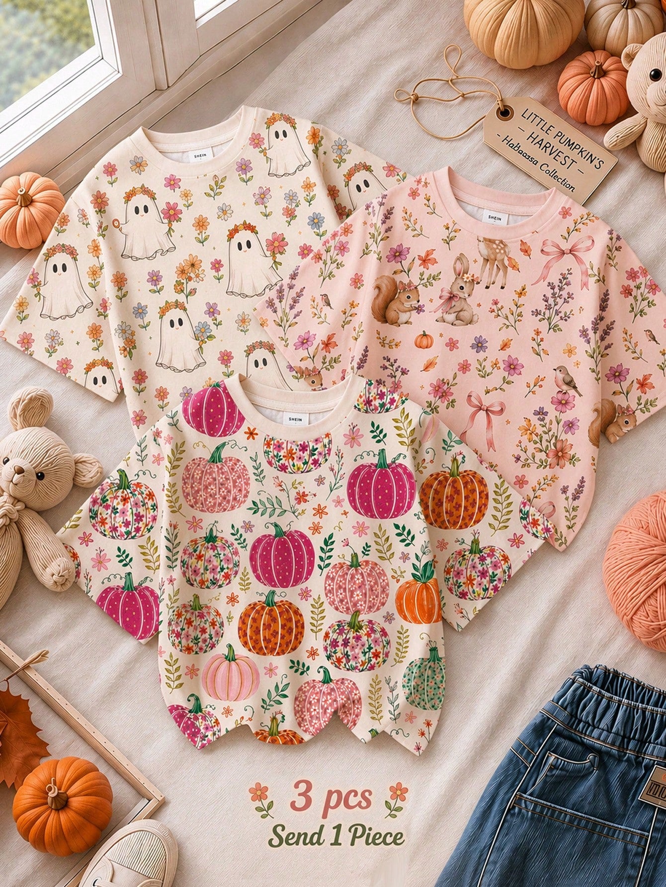 Cute Hand-Drawn Pastoral Colorful Pumpkin Floral Illustration Print, Baby Girl Casual Minimalist Round Neck Short Sleeve T-Shirt Suitable For Autumn, Summerween, Pumpkin Season, Autumn Vibe, Chill Chi