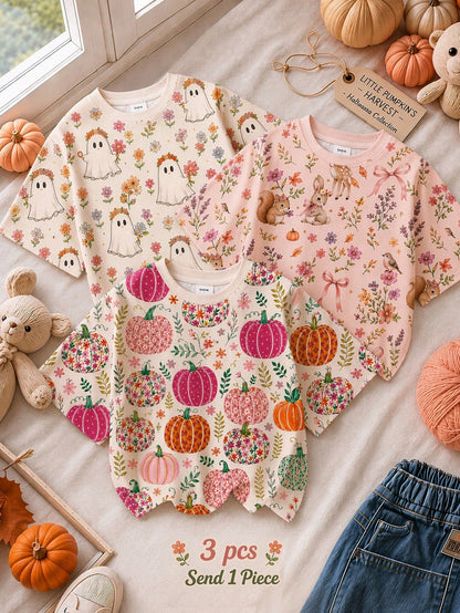 Cute Hand-Drawn Pastoral Colorful Pumpkin Floral Illustration Print, Baby Girl Casual Minimalist Round Neck Short Sleeve T-Shirt Suitable For Autumn, Summerween, Pumpkin Season, Autumn Vibe, Chill Chi