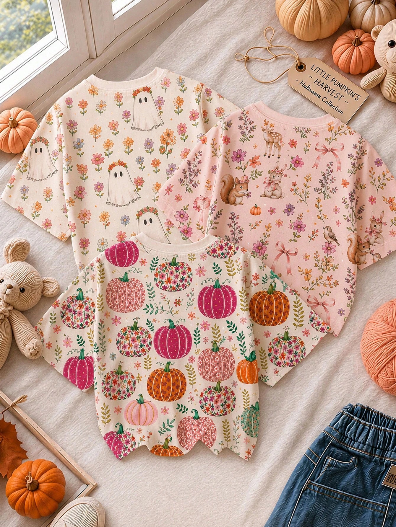 Cute Hand-Drawn Pastoral Colorful Pumpkin Floral Illustration Print, Baby Girl Casual Minimalist Round Neck Short Sleeve T-Shirt Suitable For Autumn, Summerween, Pumpkin Season, Autumn Vibe, Chill Chi