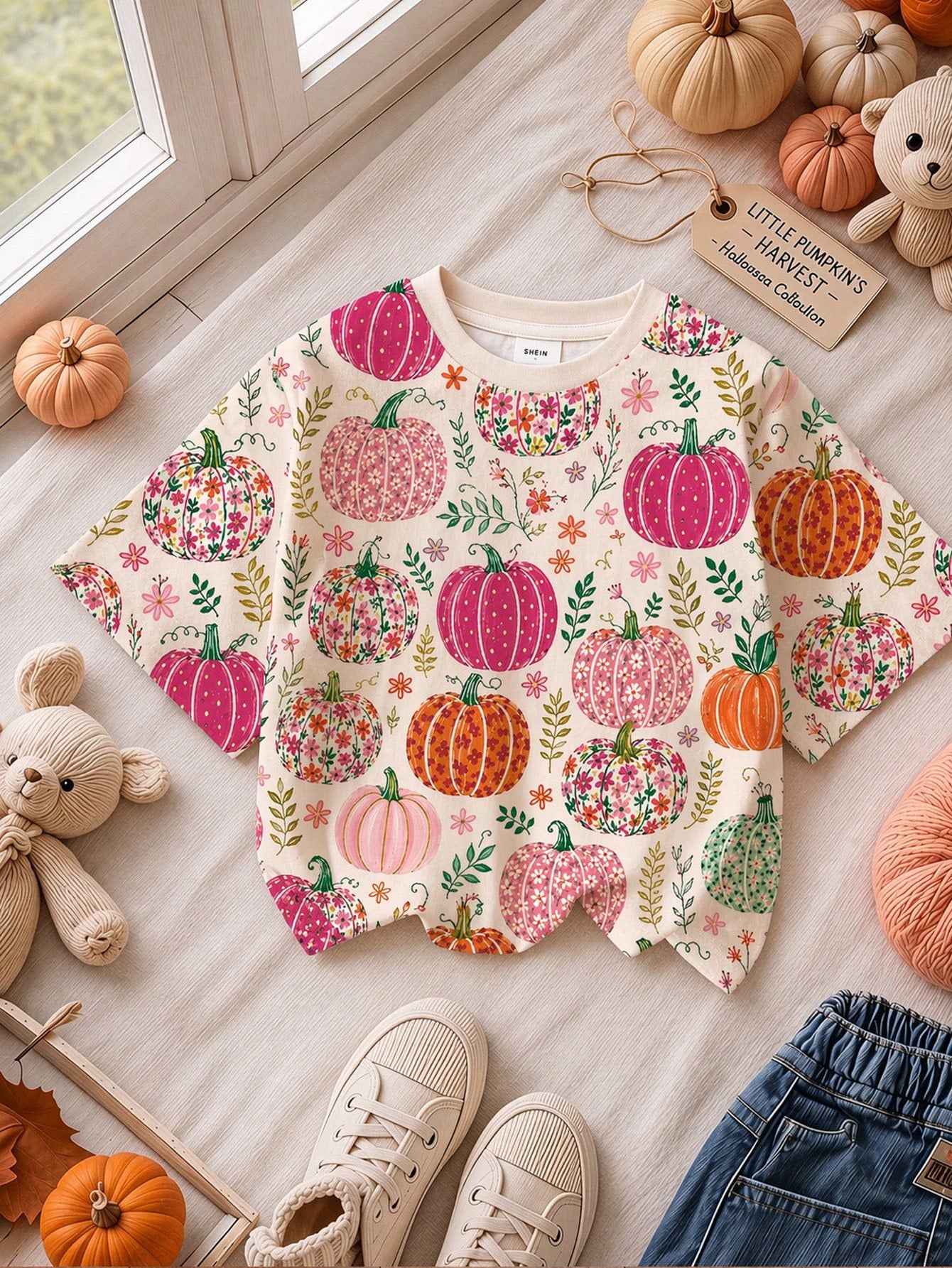 Cute Hand-Drawn Pastoral Colorful Pumpkin Floral Illustration Print, Baby Girl Casual Minimalist Round Neck Short Sleeve T-Shirt Suitable For Autumn, Summerween, Pumpkin Season, Autumn Vibe, Chill Chi