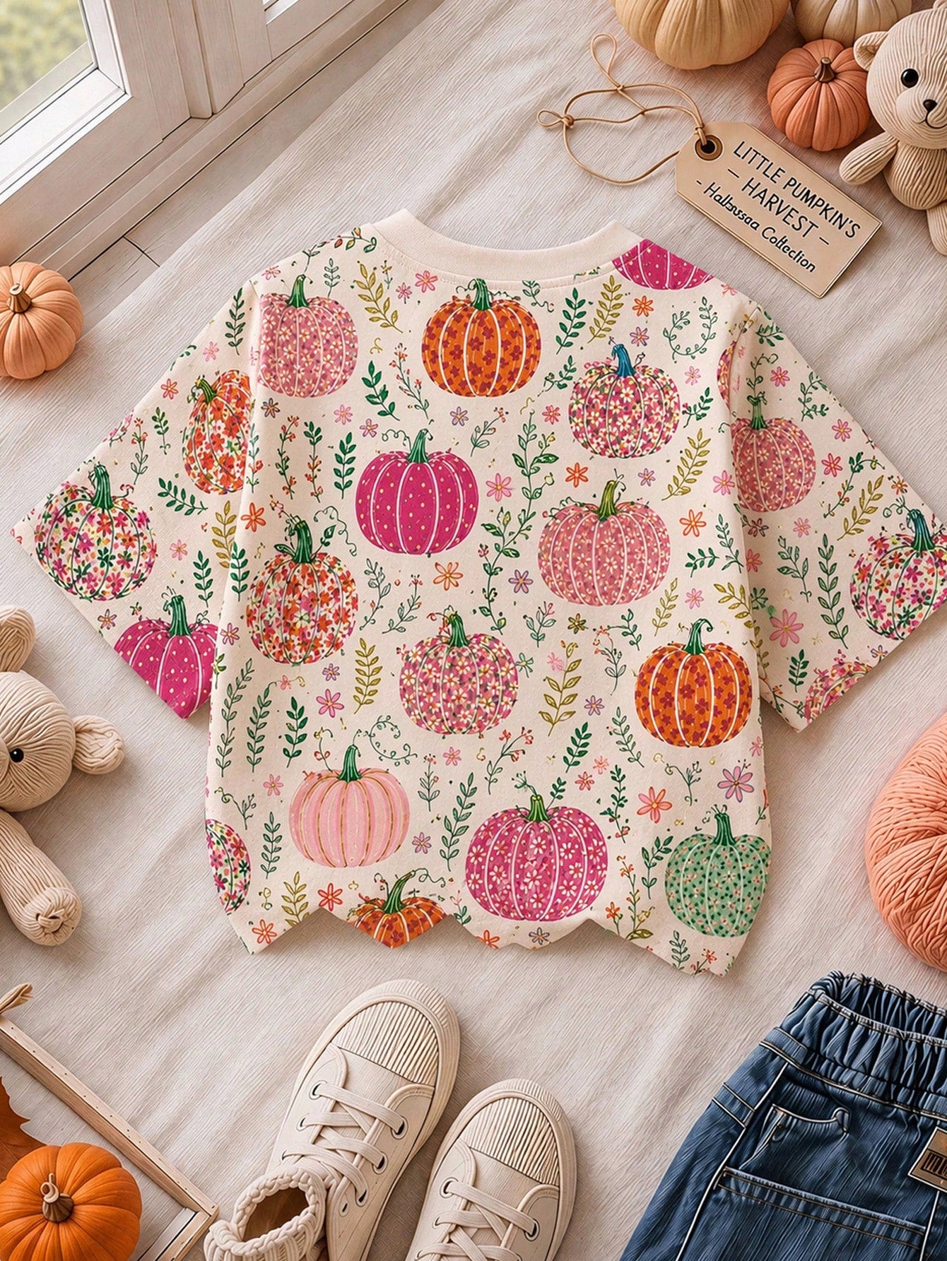 Cute Hand-Drawn Pastoral Colorful Pumpkin Floral Illustration Print, Baby Girl Casual Minimalist Round Neck Short Sleeve T-Shirt Suitable For Autumn, Summerween, Pumpkin Season, Autumn Vibe, Chill Chi