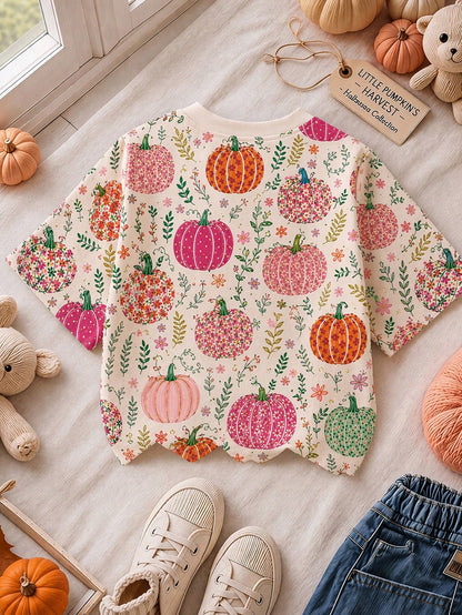 Cute Hand-Drawn Pastoral Colorful Pumpkin Floral Illustration Print, Baby Girl Casual Minimalist Round Neck Short Sleeve T-Shirt Suitable For Autumn, Summerween, Pumpkin Season, Autumn Vibe, Chill Chi