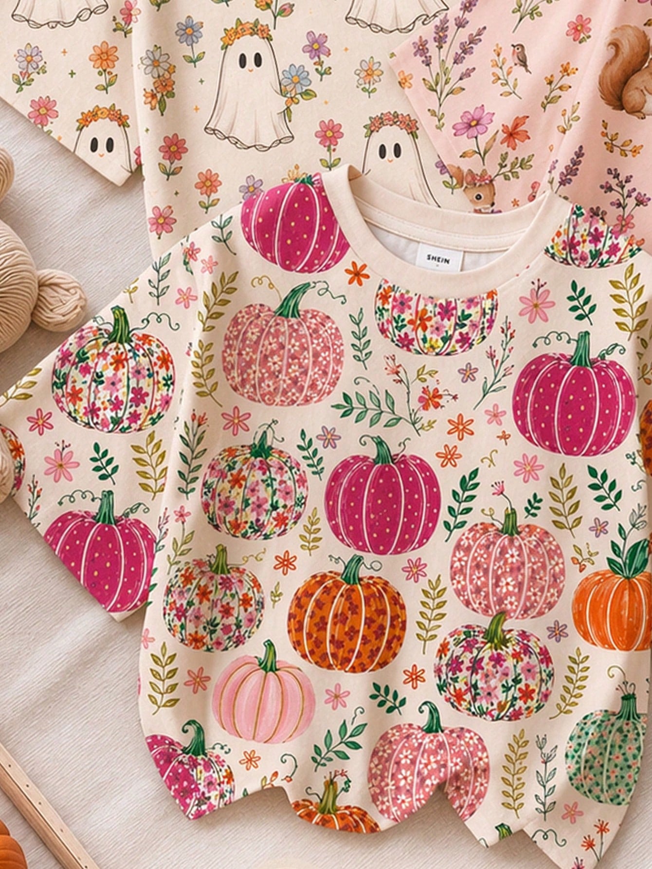 Cute Hand-Drawn Pastoral Colorful Pumpkin Floral Illustration Print, Baby Girl Casual Minimalist Round Neck Short Sleeve T-Shirt Suitable For Autumn, Summerween, Pumpkin Season, Autumn Vibe, Chill Chi