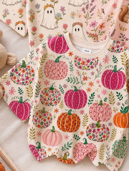 Cute Hand-Drawn Pastoral Colorful Pumpkin Floral Illustration Print, Baby Girl Casual Minimalist Round Neck Short Sleeve T-Shirt Suitable For Autumn, Summerween, Pumpkin Season, Autumn Vibe, Chill Chi