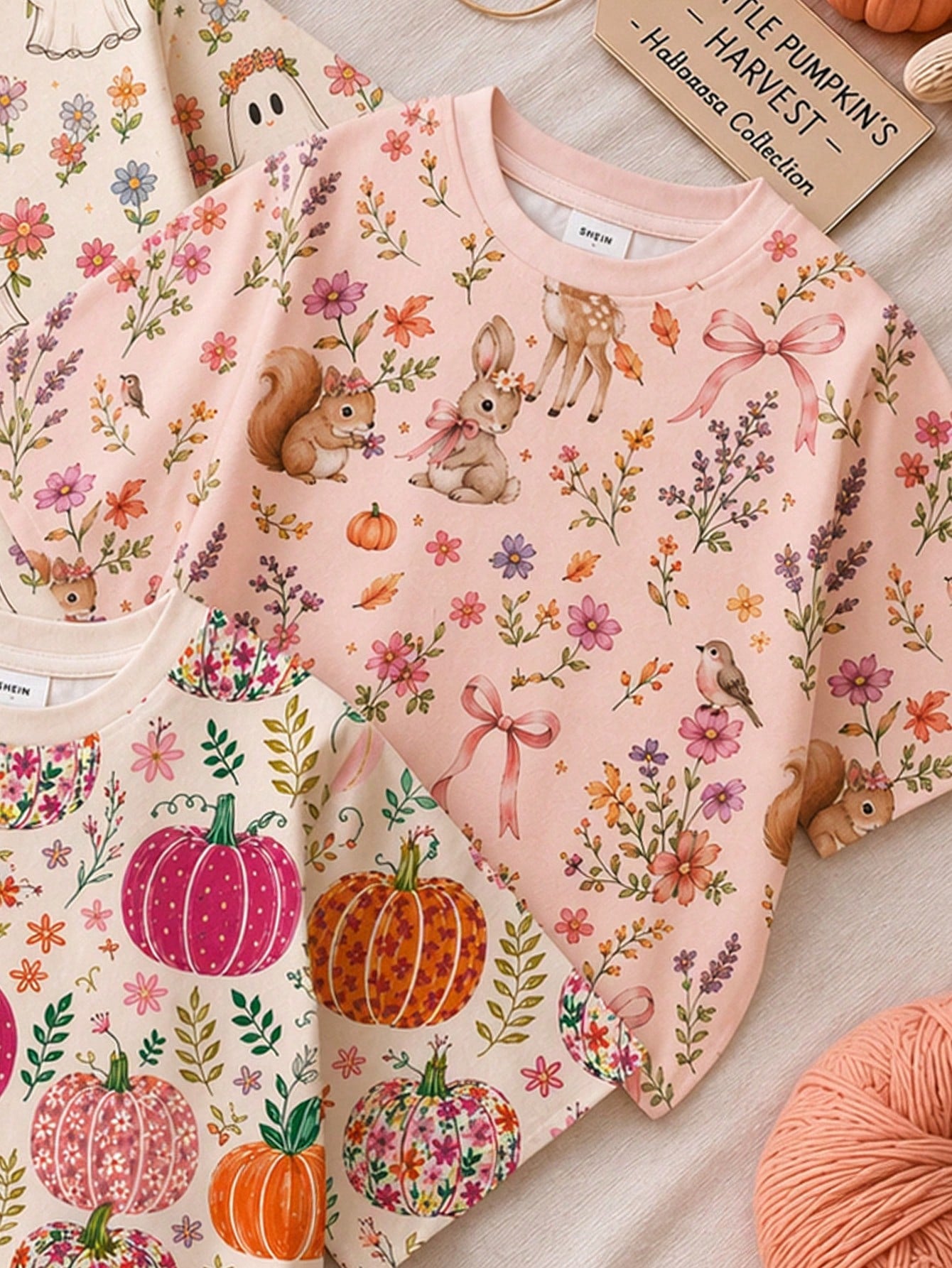 Cute Hand-Drawn Pastoral Colorful Pumpkin Floral Illustration Print, Baby Girl Casual Minimalist Round Neck Short Sleeve T-Shirt Suitable For Autumn, Summerween, Pumpkin Season, Autumn Vibe, Chill Chi