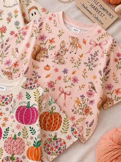 Cute Hand-Drawn Pastoral Colorful Pumpkin Floral Illustration Print, Baby Girl Casual Minimalist Round Neck Short Sleeve T-Shirt Suitable For Autumn, Summerween, Pumpkin Season, Autumn Vibe, Chill Chi