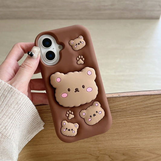 Cute Little Bear Silicone Shockproof Cartoon 3D Brown Bear Phone Case With Retractable Stand, Protective Cover, Sculptural Design, Air Cushion Drop Protection, Compatible With Apple 11 12 13 14 15 16
