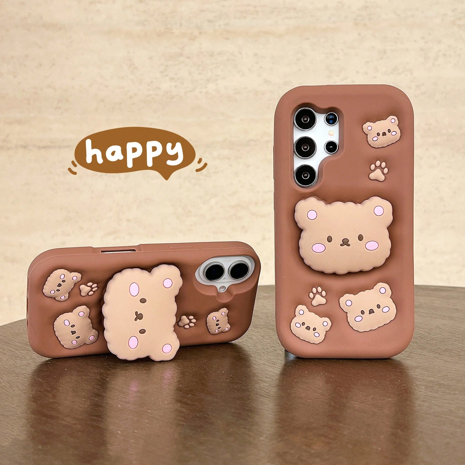Cute Little Bear Silicone Shockproof Cartoon 3D Brown Bear Phone Case With Retractable Stand, Protective Cover, Sculptural Design, Air Cushion Drop Protection, Compatible With Apple 11 12 13 14 15 16