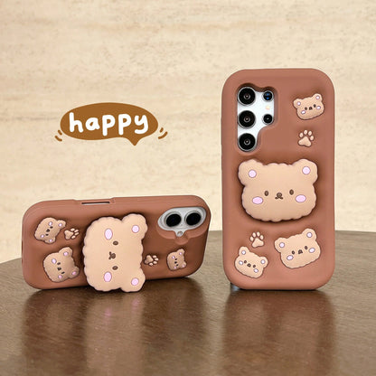 Cute Little Bear Silicone Shockproof Cartoon 3D Brown Bear Phone Case With Retractable Stand, Protective Cover, Sculptural Design, Air Cushion Drop Protection, Compatible With Apple 11 12 13 14 15 16