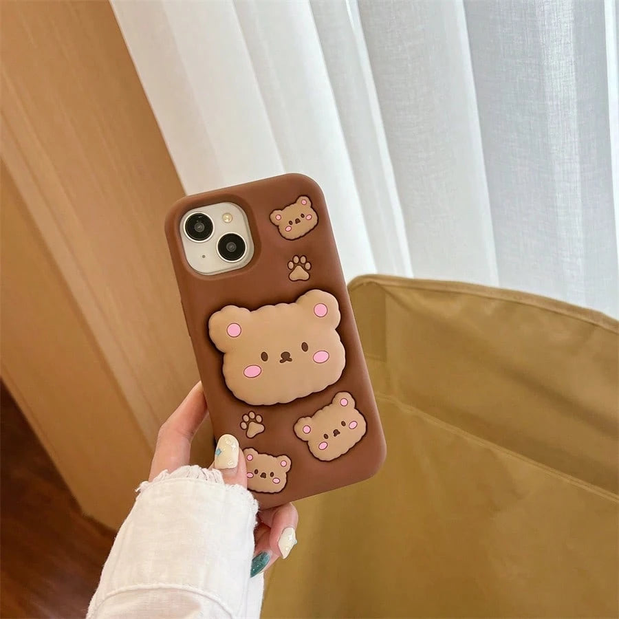 Cute Little Bear Silicone Shockproof Cartoon 3D Brown Bear Phone Case With Retractable Stand, Protective Cover, Sculptural Design, Air Cushion Drop Protection, Compatible With Apple 11 12 13 14 15 16