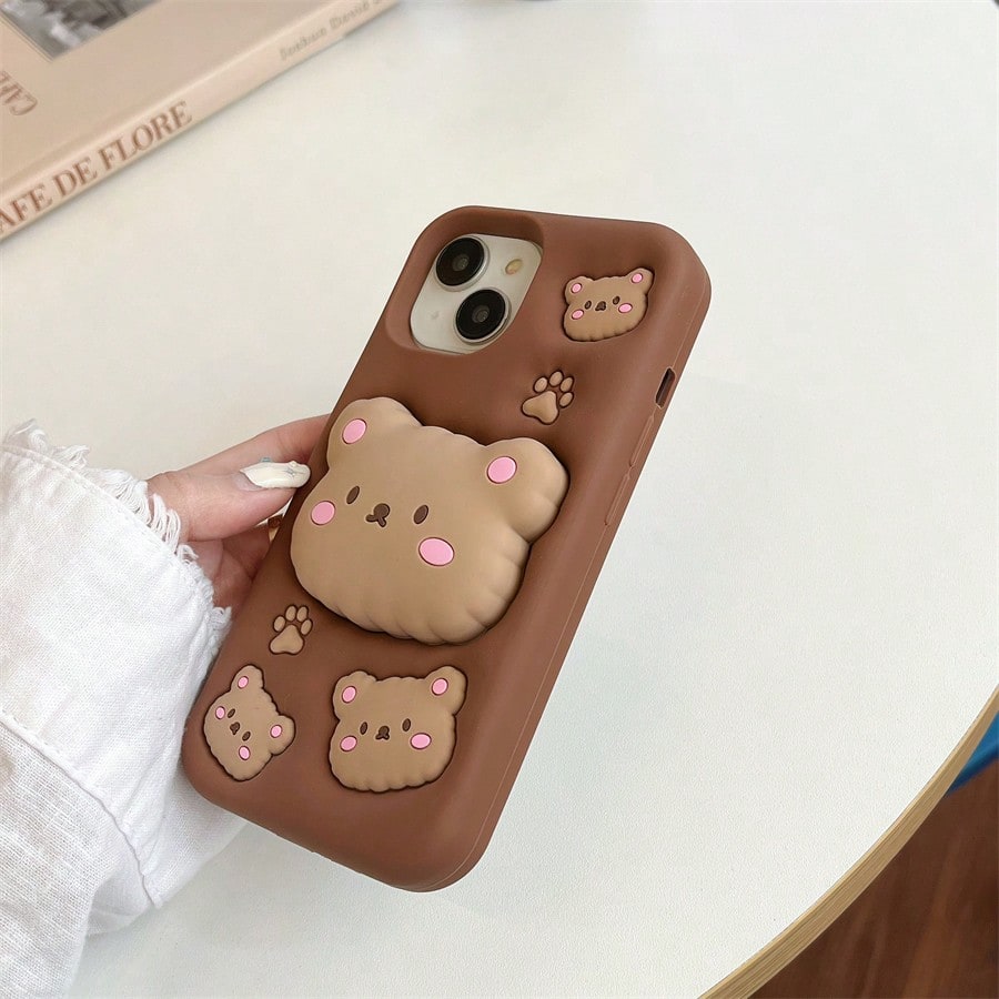Cute Little Bear Silicone Shockproof Cartoon 3D Brown Bear Phone Case With Retractable Stand, Protective Cover, Sculptural Design, Air Cushion Drop Protection, Compatible With Apple 11 12 13 14 15 16