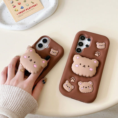 Cute Little Bear Silicone Shockproof Cartoon 3D Brown Bear Phone Case With Retractable Stand, Protective Cover, Sculptural Design, Air Cushion Drop Protection, Compatible With Apple 11 12 13 14 15 16
