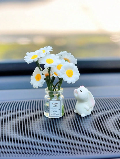 Cute Mini Daisy Design Vase And Bunny Car Interior Decoration Ornaments For Woman's Gifts