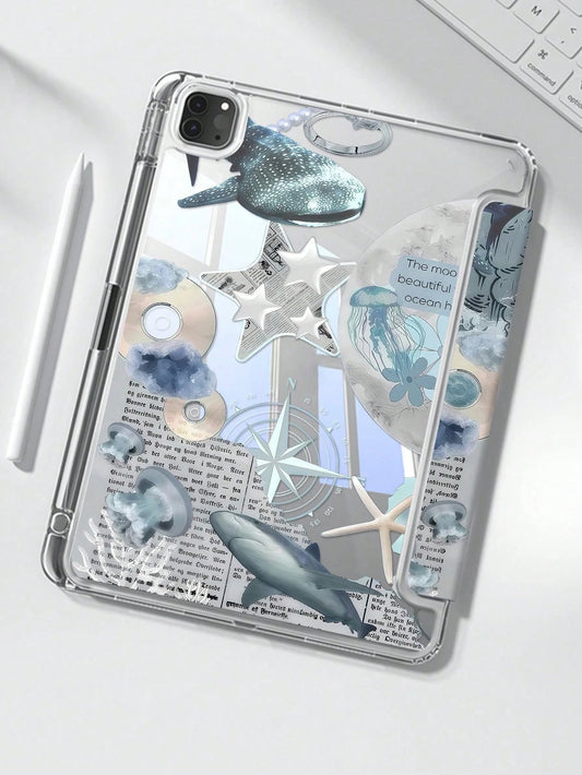 Cute Ocean Element Double-Sided Acrylic Transparent Crystal Back Shockproof Premium Cover Suitable For 7th 8th And 10th Generation 10.2 Inch Whale Shark Starfish Jellyfish Shock-Resistant Built-In Pen