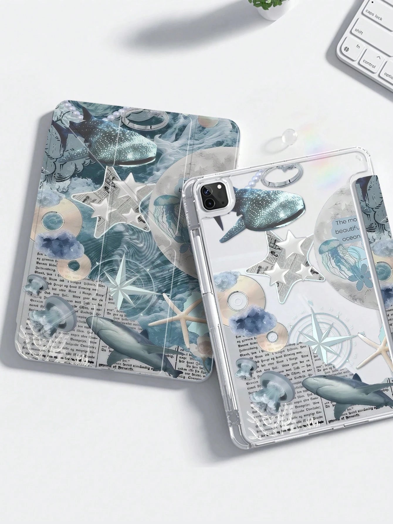 Cute Ocean Element Double-Sided Acrylic Transparent Crystal Back Shockproof Premium Cover Suitable For 7th 8th And 10th Generation 10.2 Inch Whale Shark Starfish Jellyfish Shock-Resistant Built-In Pen