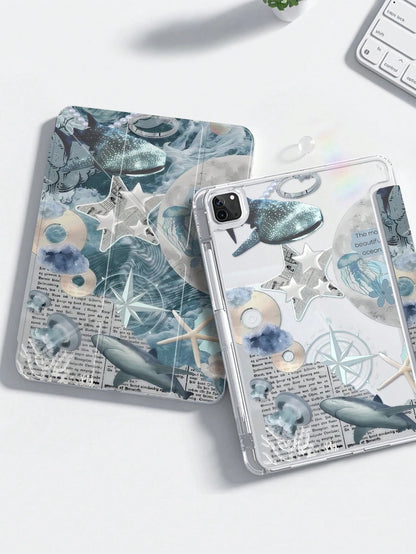 Cute Ocean Element Double-Sided Acrylic Transparent Crystal Back Shockproof Premium Cover Suitable For 7th 8th And 10th Generation 10.2 Inch Whale Shark Starfish Jellyfish Shock-Resistant Built-In Pen