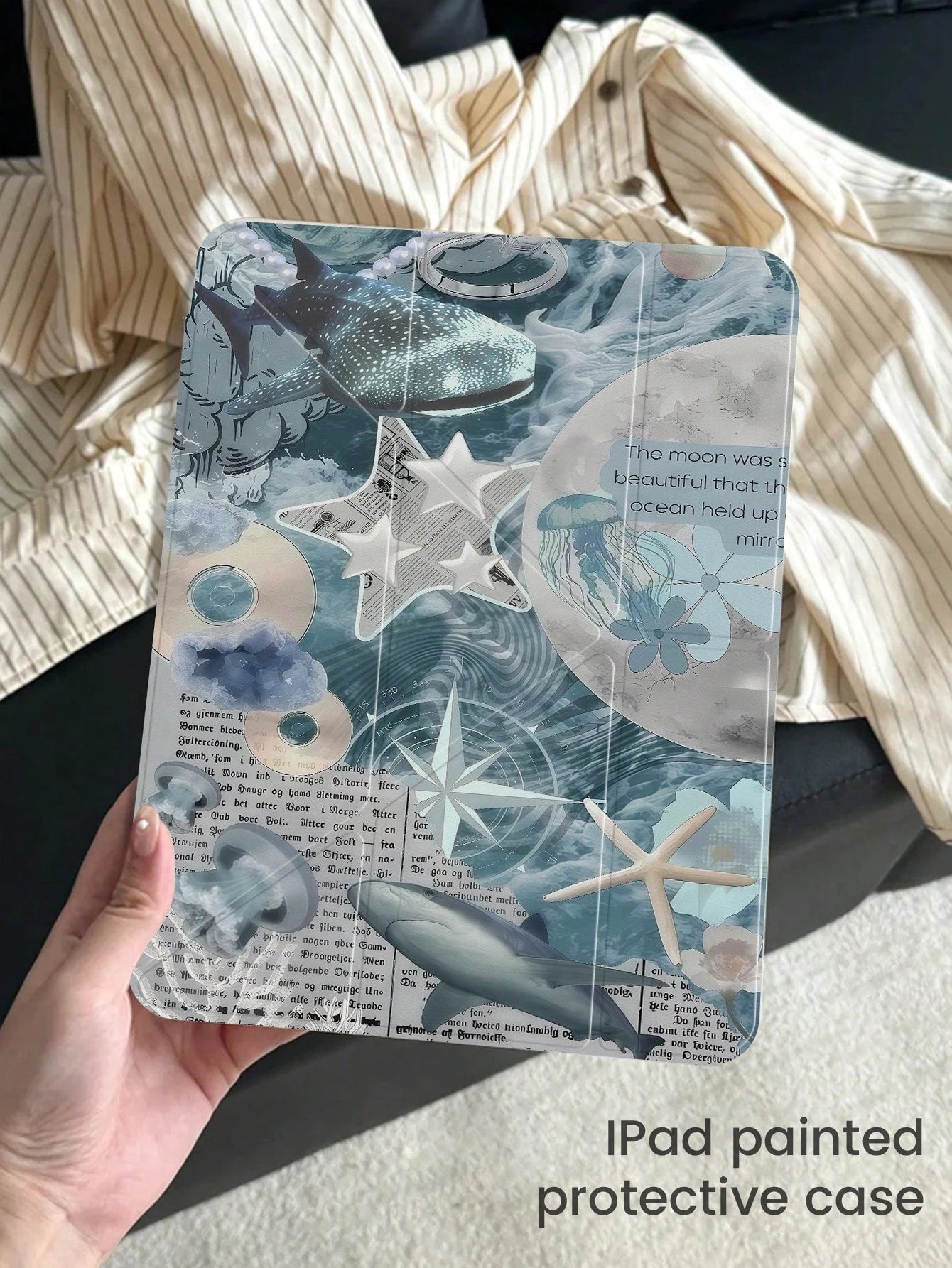 Cute Ocean Element Double-Sided Acrylic Transparent Crystal Back Shockproof Premium Cover Suitable For 7th 8th And 10th Generation 10.2 Inch Whale Shark Starfish Jellyfish Shock-Resistant Built-In Pen