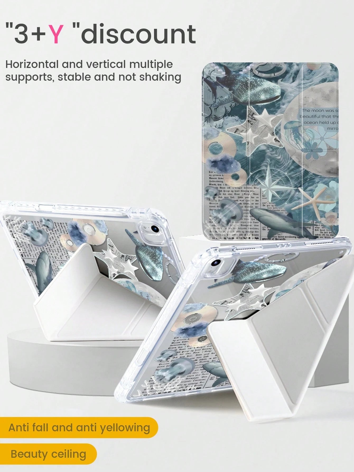 Cute Ocean Element Double-Sided Acrylic Transparent Crystal Back Shockproof Premium Cover Suitable For 7th 8th And 10th Generation 10.2 Inch Whale Shark Starfish Jellyfish Shock-Resistant Built-In Pen