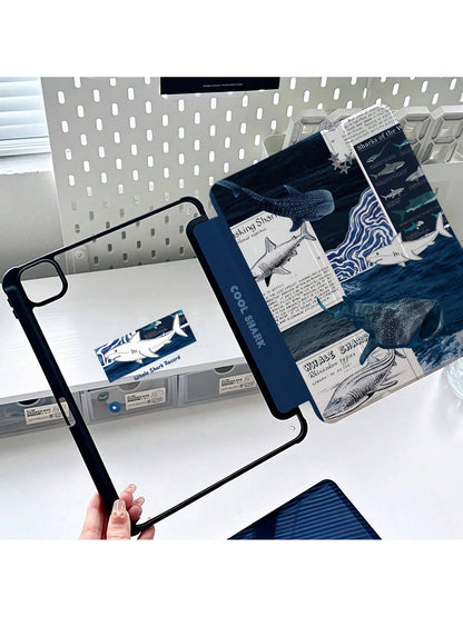Cute Ocean Element Double-Sided Acrylic Transparent Crystal Back Shockproof Premium Cover Suitable For 7th 8th And 10th Generation 10.2 Inch Whale Shark Starfish Jellyfish Shock-Resistant Built-In Pen