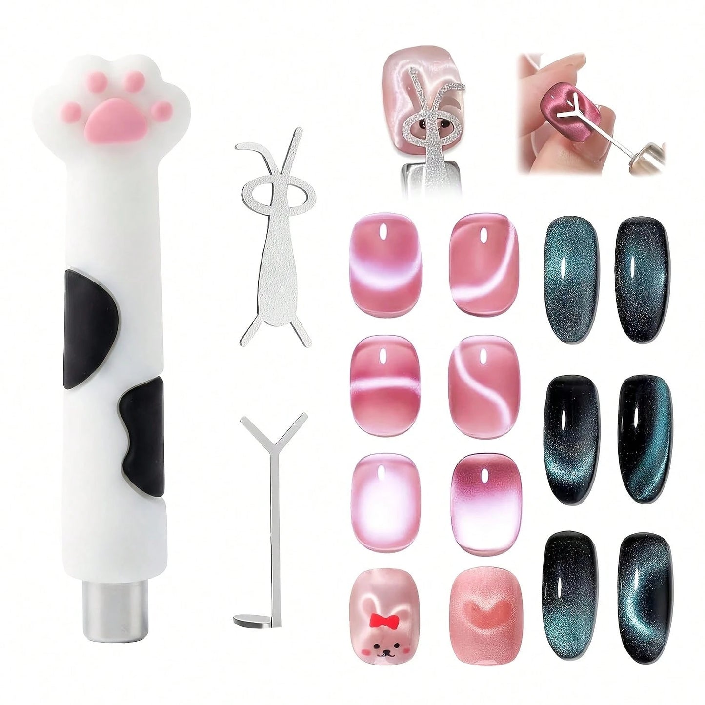 Cute Paw Handle Cat Eye Nail Auxiliary Styling Tool Set,3Pcs Multi Shape Light Forming Wands Manicure Tools